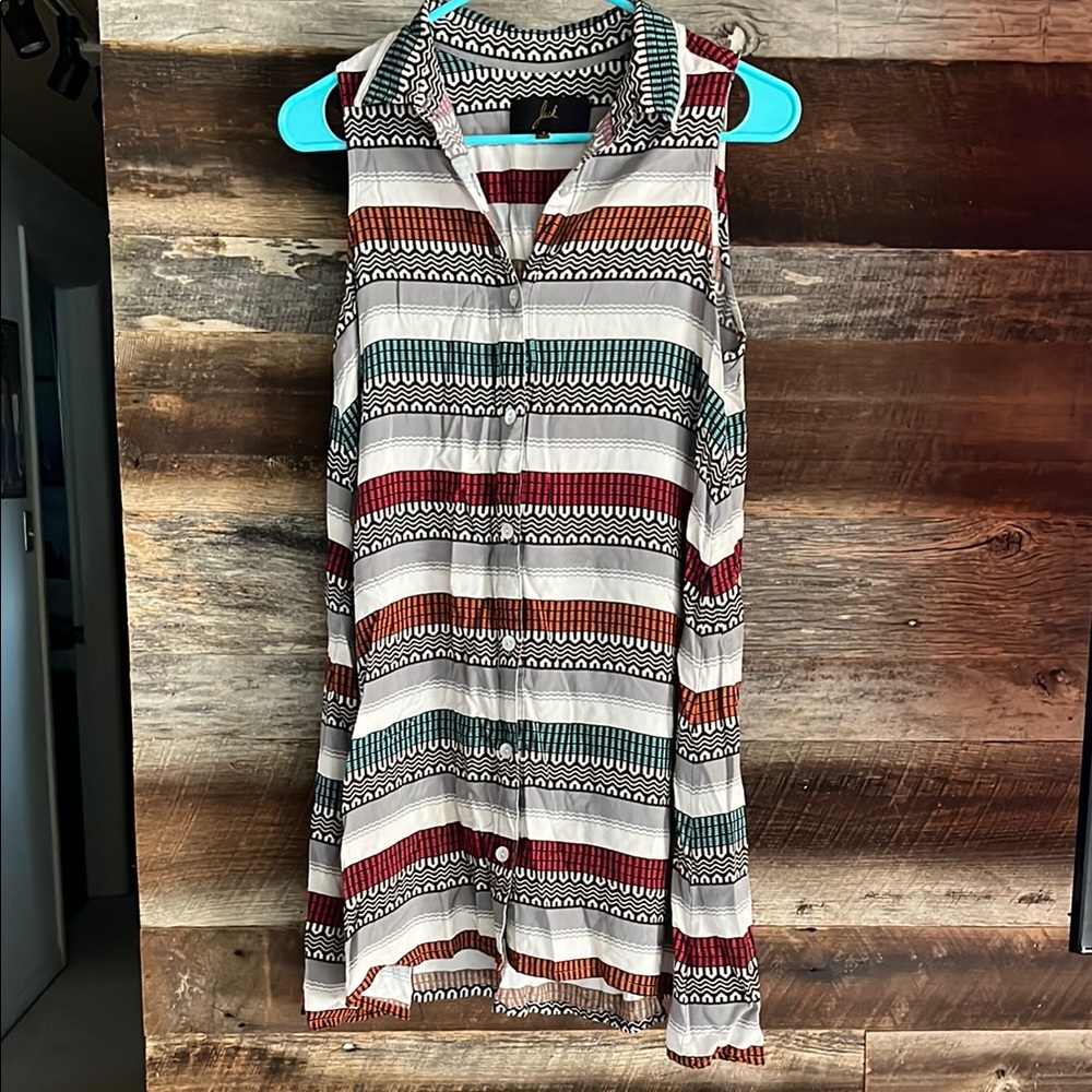 Black and White with Red, Orange and Green Buttoned Sleeveless Mini Dress